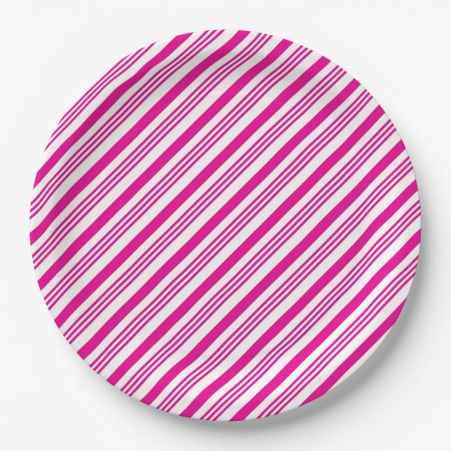 Assiette en papier à motif rayure diagonale rose v (Devant)
