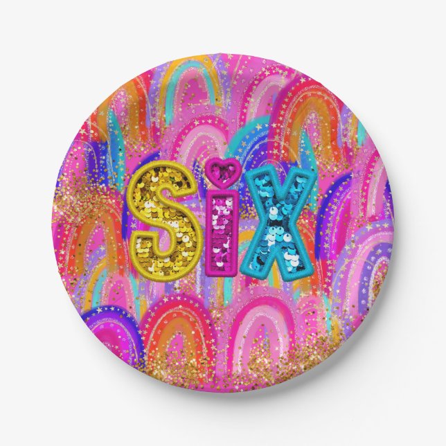 Assiette en papier à sequins arc-en-ciel pour 6ème (Devant)