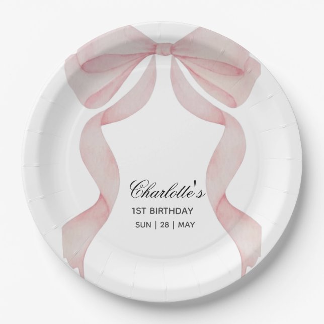 Assiette en papier Anniversaire Filles Ruban Rose (Devant)