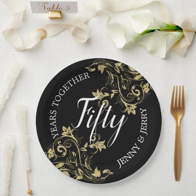 Assiette en papier anniversaire noir avec fleurs d (Mariage)
