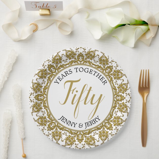 Assiette en papier anniversaire or et blanc (Mariage)
