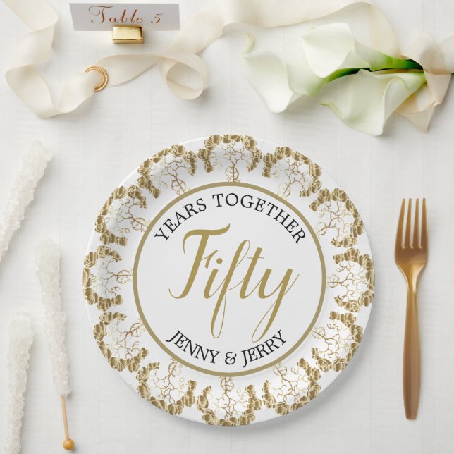 Assiette en papier Anniversaire Or et Blanc (Mariage)