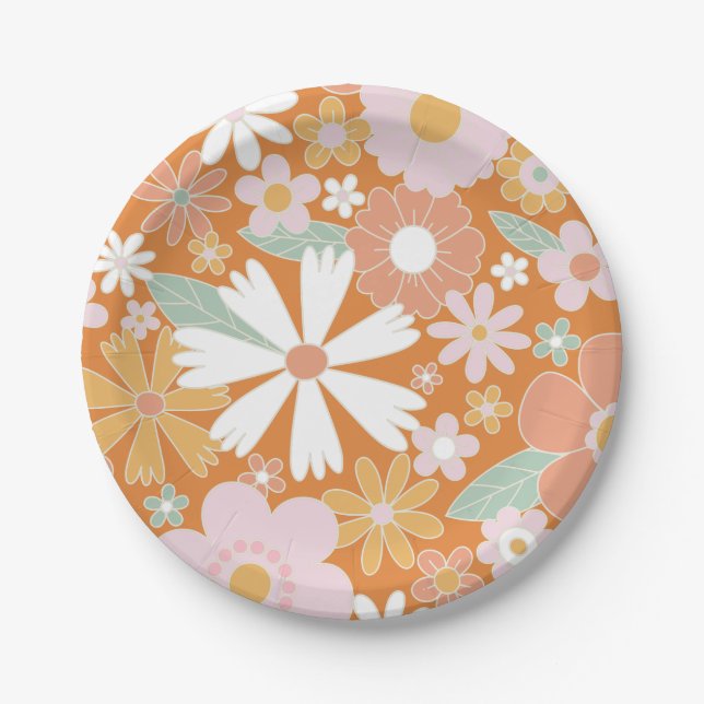 Assiette en papier anniversaire orange rose Fleur  (Devant)