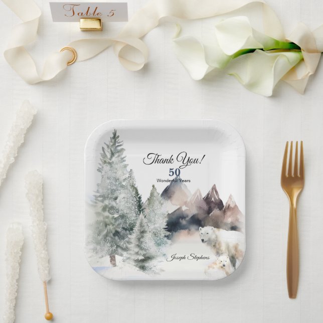 Assiette en papier aquarelle Forêt d'hiver (Mariage)