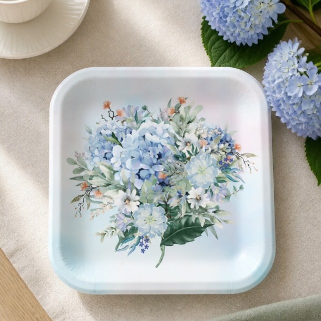Assiette en papier aquarelle Hydrangea bleue (Créateur téléchargé)