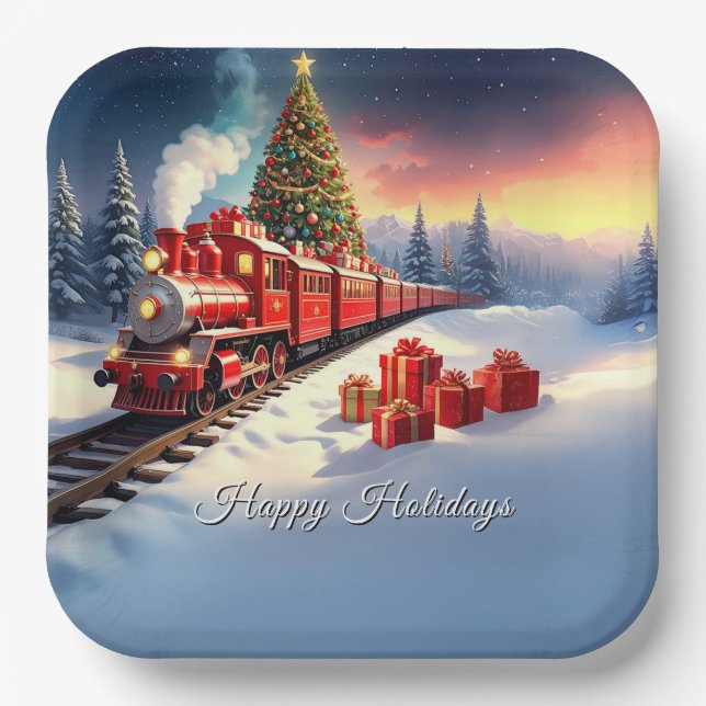 Assiette en papier arbre de Noël train rouge vacan (Recto)