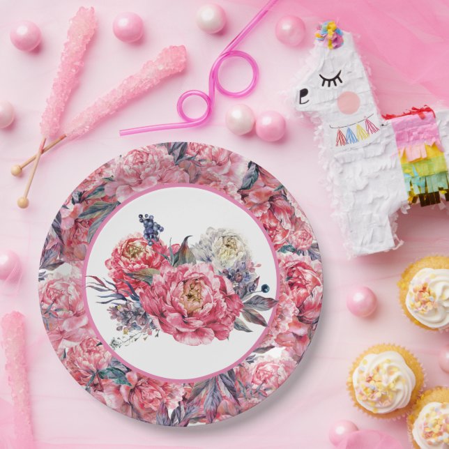 Assiette en papier aux pivoines roses (Fête)
