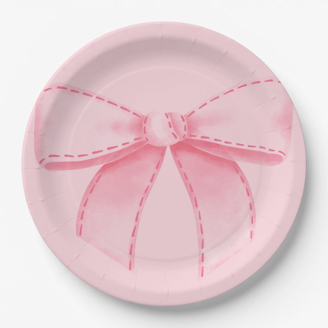 Assiette en papier avec ruban rose et fond rose un (Devant)
