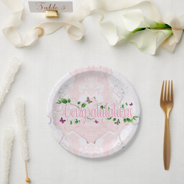 Assiette en papier avec texte Félicitations Fleurs (Mariage)