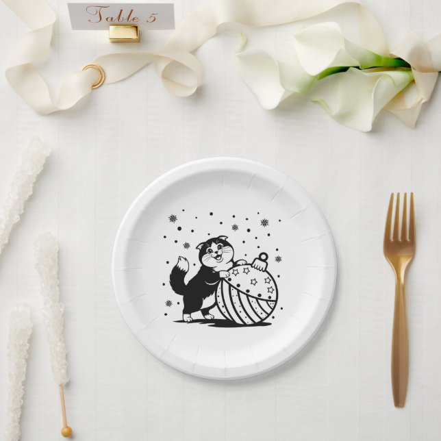 Assiette en papier avec un chat de Noël (Mariage)