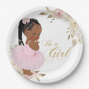 Assiette en papier Baby Shower Fille Africaine Or 