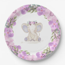 Assiette en papier Baby Shower Fille bébé éléphant