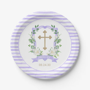 Assiette en papier baptême à motif floral violet