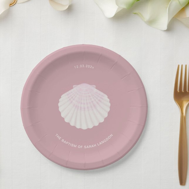 Assiette en papier baptême coquille rose (Créateur téléchargé)