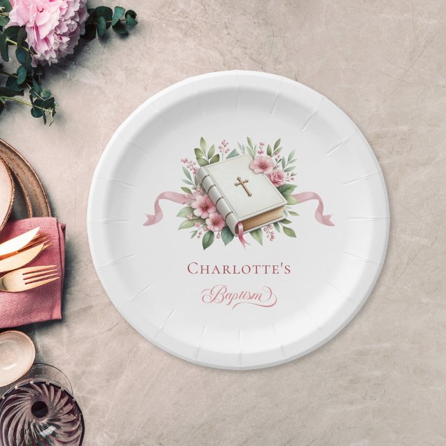 Assiette en papier baptême fleur rose moderne (Créateur téléchargé)