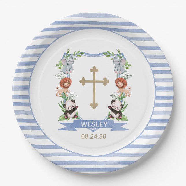 Assiette en papier baptême garçon blason Animaux d (Devant)