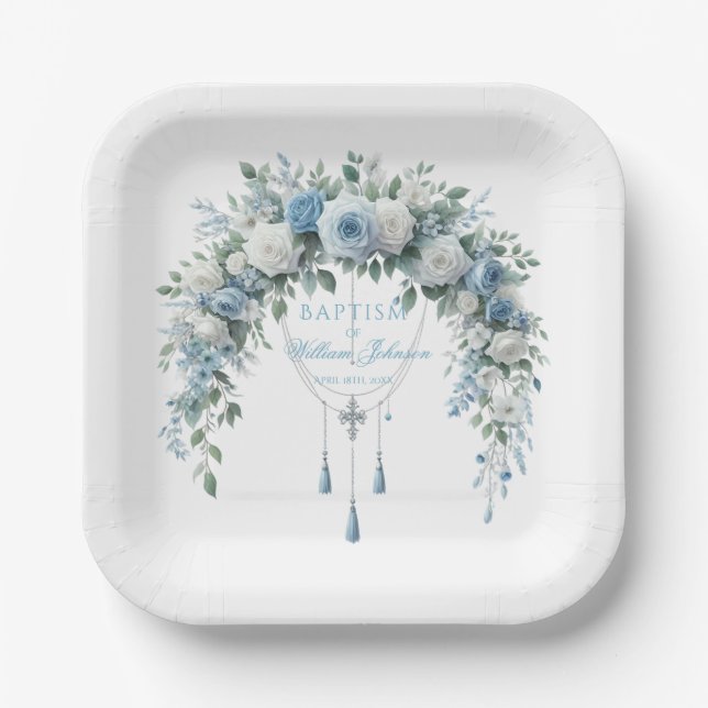 Assiette en papier baptême Rose Bleue & Croix Arge (Recto)