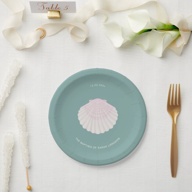 Assiette en papier baptême vert rose coquillage (Mariage)
