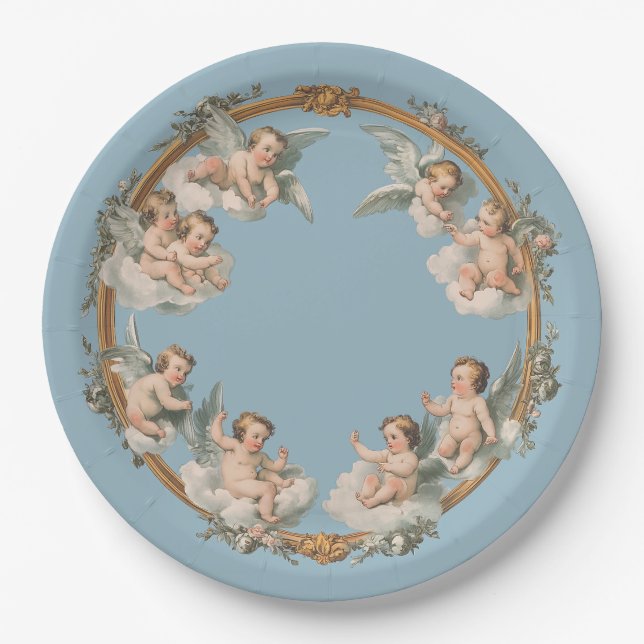 Assiette en papier Baroque Chérubin Couronne Bleue (Devant)