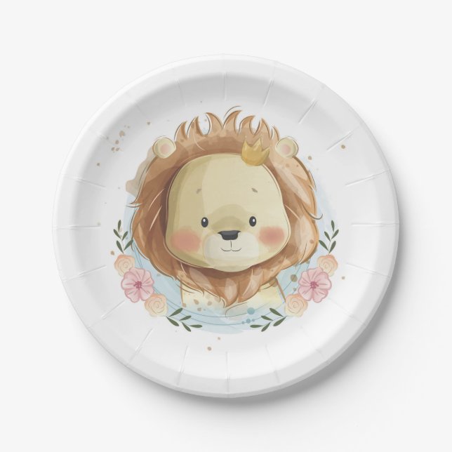 Assiette en papier bébé lion aquarelle mignon (Devant)