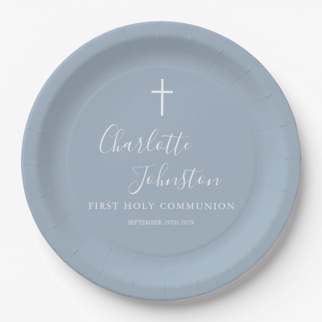 Assiette en papier Bleu Poussiéreux pour Première  (Devant)