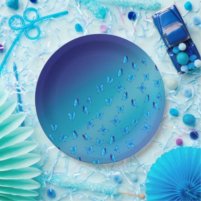 Assiette en papier bleue papillons enchantés (Fête)