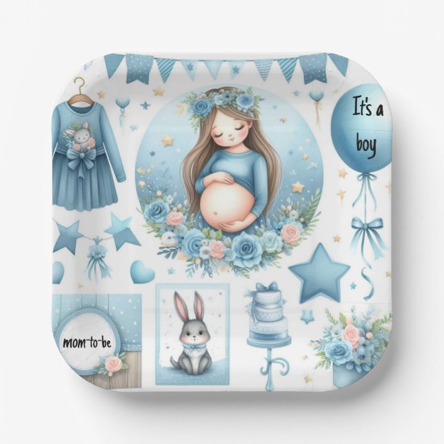 Assiette en papier bleue pour Baby Shower garçon M (Recto)