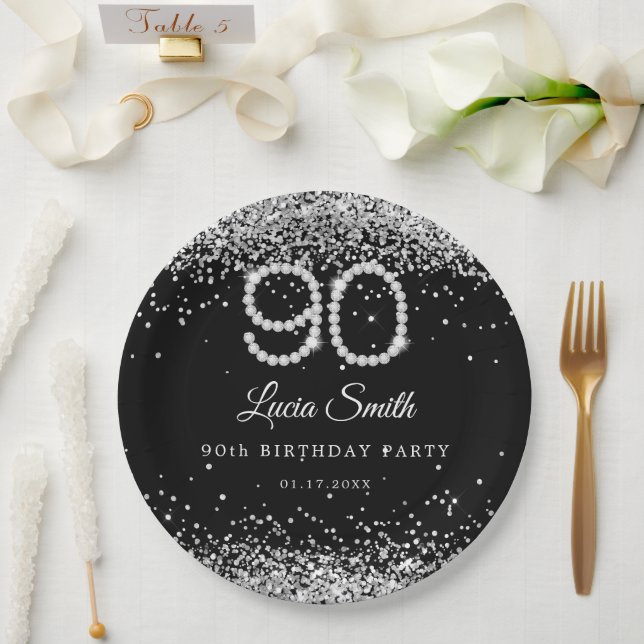 Assiette en papier Bling Diamonds 90e anniversaire (Mariage)