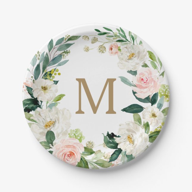 Assiette en papier Blush Floral Monogram Mariage (Devant)