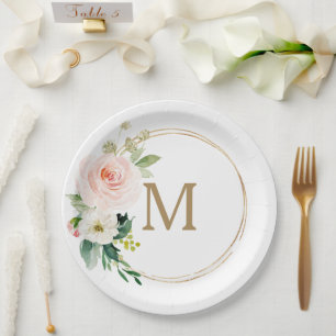 Assiette en papier Blush Floral Monogram pour la f