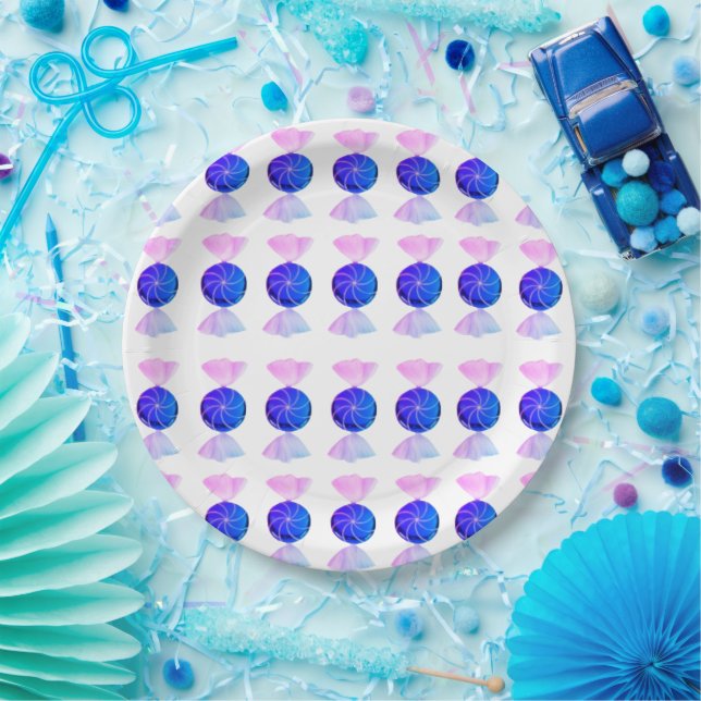 Assiette en papier bonbons rose et bleu (Fête)