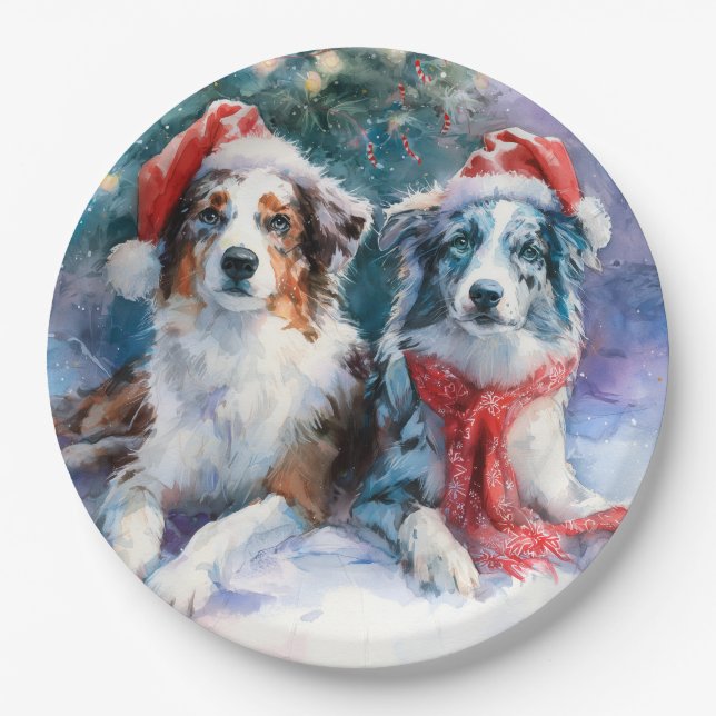 Assiette en papier Border Collie Noël (Devant)