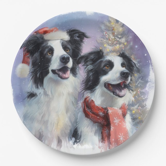 Assiette en papier Border Collie Noël (Devant)