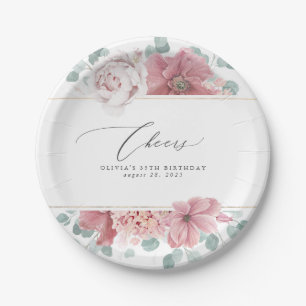 Assiette en papier botanique élégant Fleur Rose Po