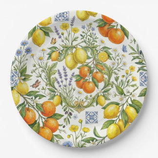 Assiette en papier botanique Méditerranée bleu et
