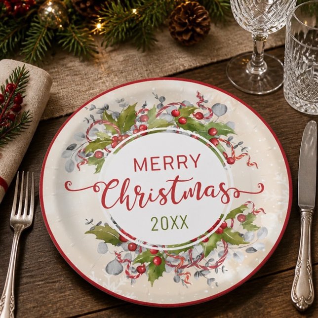 Assiette en papier branche de houx de Noël (Créateur téléchargé)