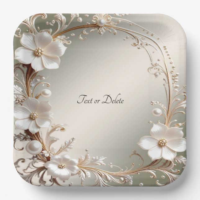 Assiette en papier cadre floral blanc orné (Recto)