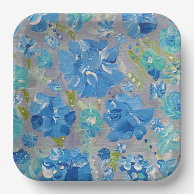 Assiette en papier carrée de 9" Fête Bleue Florale (Recto)