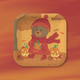 Assiette en papier carrée Ourson d'automne Hallowe
