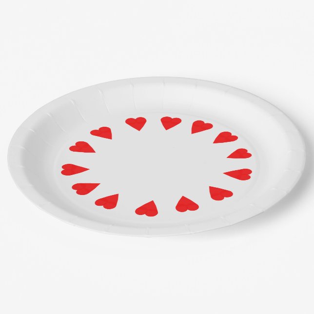 Assiette en papier - Cercle de cœurs rouges (Angle)