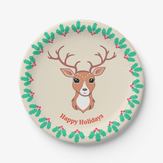 Assiette en papier Cerf de Noël (Devant)