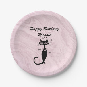 Assiette en papier chat rose rétro atomique