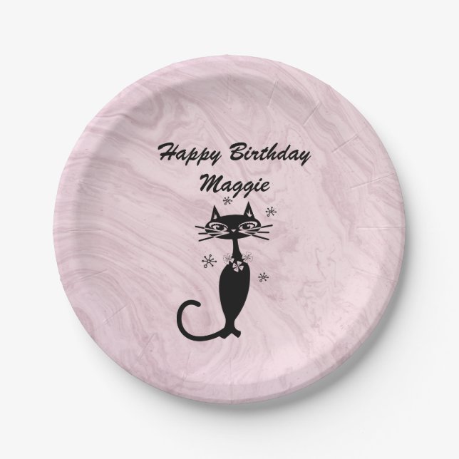 Assiette en papier chat rose rétro atomique (Devant)