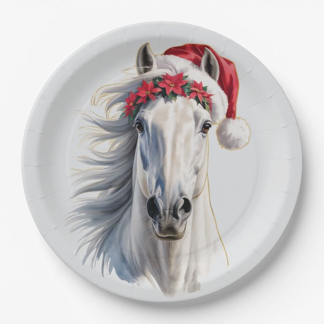 Assiette en papier Cheval Blanc de Noël (Devant)
