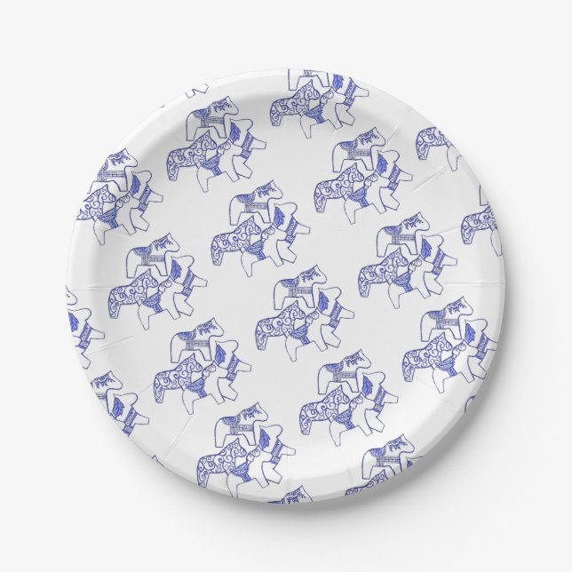 Assiette en papier Cheval Dala bleu et blanc (Devant)