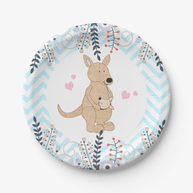 Assiette en papier chevron bleu Baby Shower Boho K (Devant)