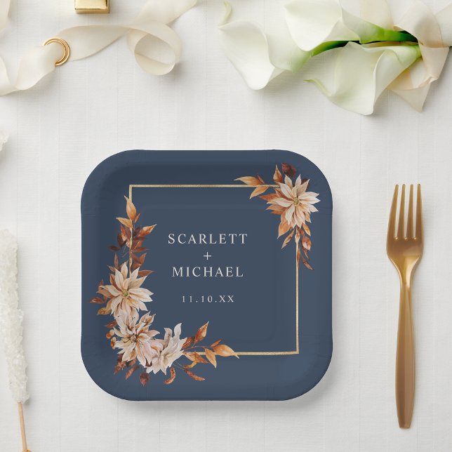 Assiette en Papier Chute Bleu Marine (Navy Blue Fall Floral Paper Plate by Painted Paperie
)