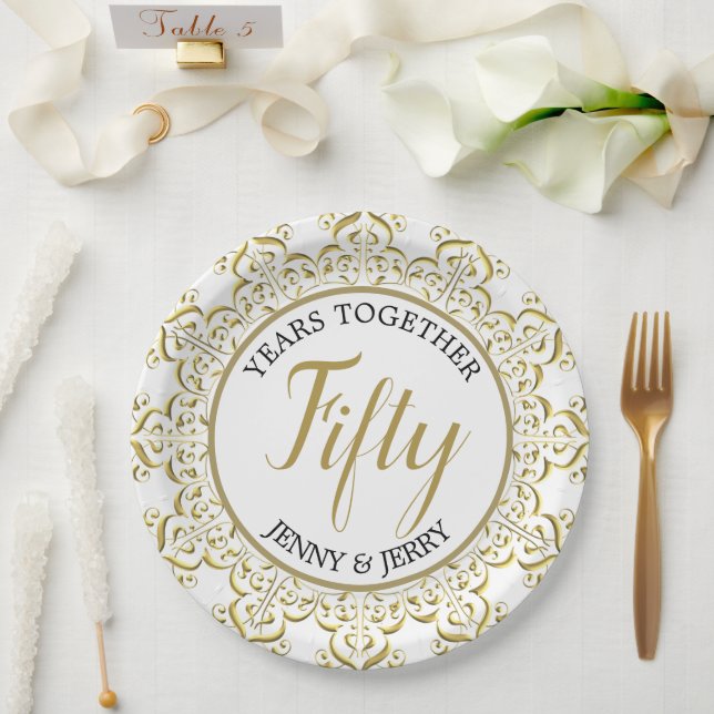 Assiette en papier classique dorée et blanche pour (Mariage)