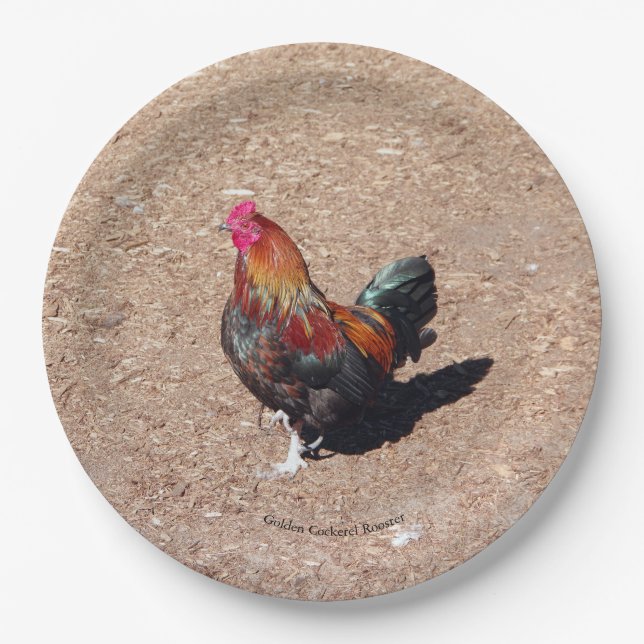 Assiette en papier Coq Cockerel doré (Devant)