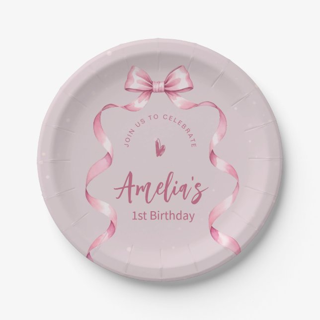 Assiette en papier Coquette anniversaire Ruban Ros (Devant)
